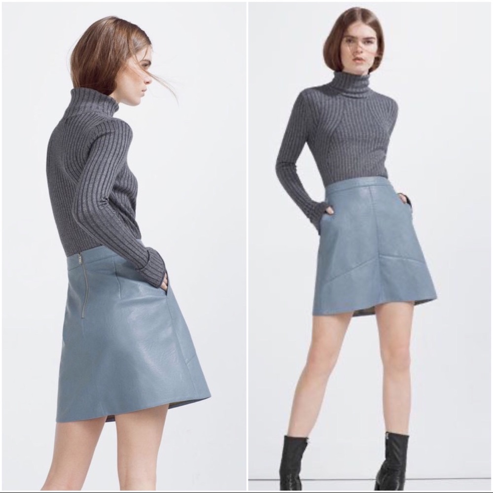 Zara blue vegan leather pocketed A-line skirt S